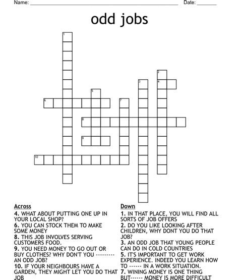 Odd jobs creator crossword clue. The Crossword Solver found 30 answers to "Odd job person (8)", 8 letters crossword clue. The Crossword Solver finds answers to classic crosswords and cryptic crossword puzzles. Enter the length or pattern for better results. Click the answer to find similar crossword clues . Enter a Crossword Clue. 