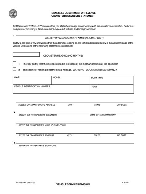 Odometer Disclosure Statement Tn 20202022 Fill and Sign Printable