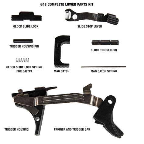 Oem glock lower parts kit. Description. The complete Lower Parts Kit for the Glock 19 Gen 3. These are factory-new OEM Glock parts. No matter if you're building out a new pistol or just replacing worn parts this Glock Factory OEM lower parts kit includes everything that you need to complete your Glock build. Made from high-quality materials to ensure that your sidearm ... 