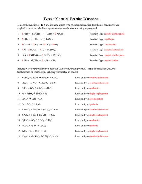 Of Ws Reactions Types Chemical Answers