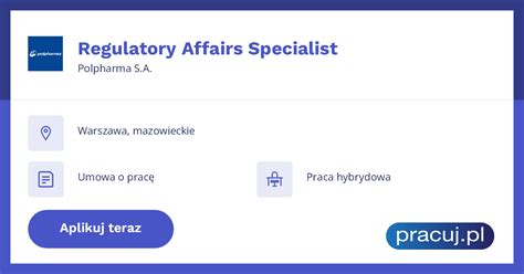 Oferta pracy w Regulatory Affairs Specialist w Warsaw