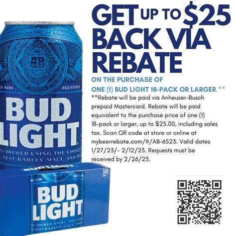 Anheuser-Busch customers can get up to $15 back with the purchase of a 15-pack or larger amount of Budweiser, Bud Light, Budweiser Select, or Budweiser Select 55. The company said the offer is .... 