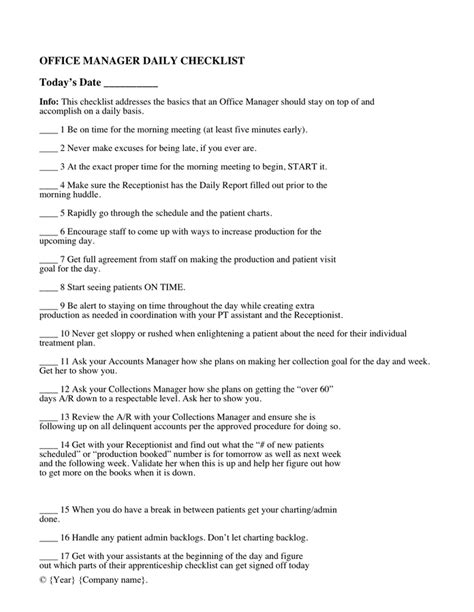 Office manager daily checklist template in Word and Pdf formats
