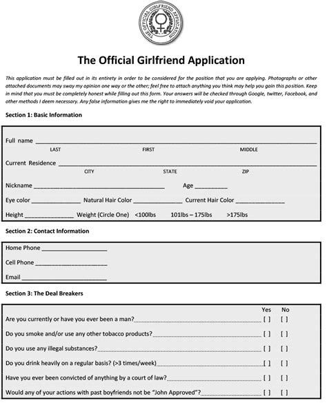 Official Girlfriend Application Form Download Printable PDF