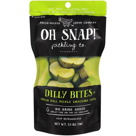 Oh Snap! Pickling Co., Dilly Bites Fresh Dill Pickle Snacking Cuts, 3.5 oz. (6 count) 3.5 Ounce (Pack of 1) 457 1K+ bought in past month $1299 ($0.62/Ounce) Typical: $14.10 FREE delivery on $35 shipped by Amazon. Another way to buy $1343 ($0.64/Ounce) Typical: $14.10 FREE delivery Fri, Oct 13 on $35 of items shipped by Amazon. 