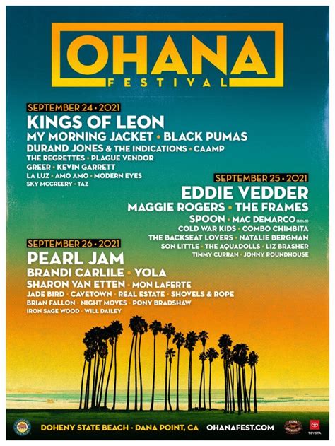 Ohana festival dana point. Ohana Festival 2024 is organized by Pearl Jam singer Eddie Vedder and surfer Kelly Slater. · The CONFIRMED Ohana Festival 2024 dates are September 27 - 29. · It ... 
