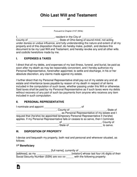 Ohio Last Will And Testament Form Will Forms Will Forms