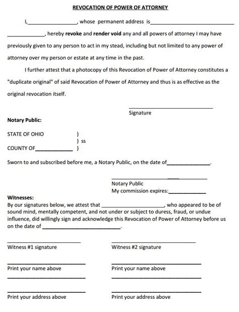Ohio Revocation of Power of Attorney Affidavit Form Download