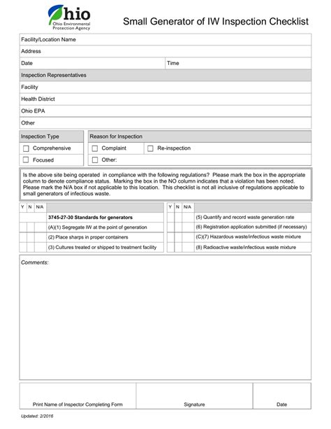 Ohio Small Generator of Iw Inspection Checklist Download Printable PDF