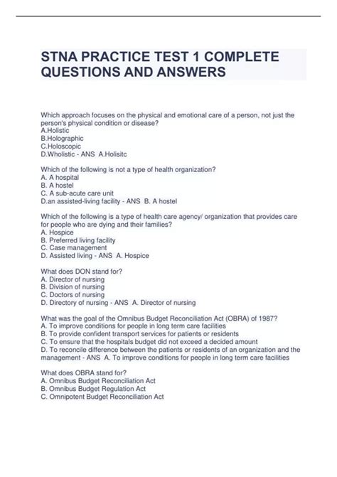 Study with Quizlet and memorize flashcards containing terms like abandonment, abdominal thrust, abduction pillow and more. ... Ohio STNA Practice Questions/Study Guide. 14 terms. Kylie_Marie81. Preview. STNA PRACTICE TEST 1. 50 terms. abby_lynn_kelly. Preview. Chapter #45 (Medical Surgical Nursing) 107 terms. lindasb7290. Preview.. 