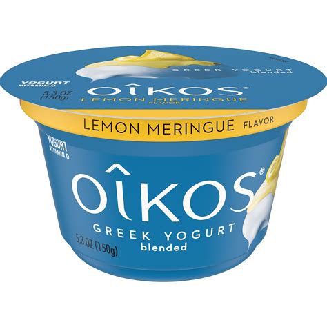 Shop Oikos Whole Milk Lemon Meringue Greek Yogurt - 5.3 Oz from Shaw's. Browse our wide selection of Greek Yogurt for Delivery or Drive Up & Go to pick up at the store! Unsupported browser ... Yogurt, Lemon Meringue, Blended Greek Yogurt-cultured whole milk. Lemon meringue flavored. 11 g protein.. 