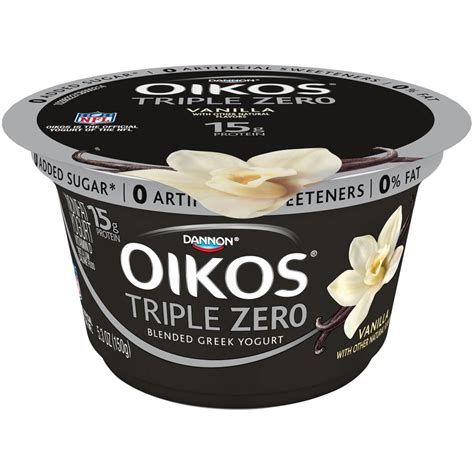 Oikos triple zero yogurt. Oikos Triple Zero Nonfat Greek Yogurt Vanilla has 15 g of protein, 0 added sugar*, 0 artificial sweeteners, and 0% fat per 5.3 oz. cup. All the protein and deliciousness you want to reach … 