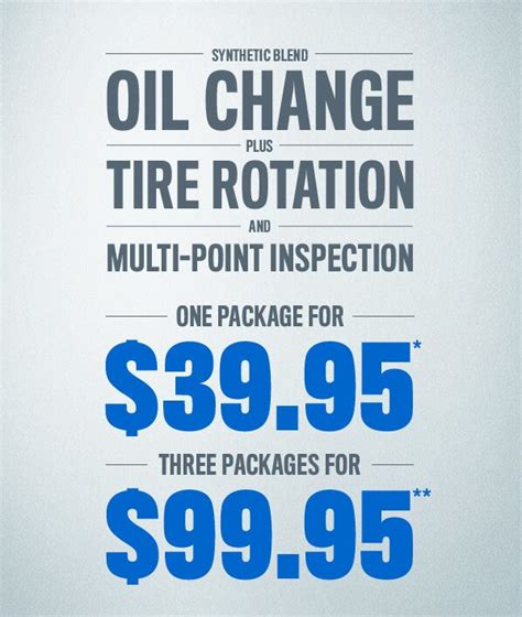 Oil change and tire rotation cost. Find out the best place for a cheap oil change with our comparison of prices at five top oil change places: Valvoline, Firestone, Jiffy Lube, Pep Boys, and Walmart. ... For example, tire rotation, included free in the price of an oil change at Pep Boys, would cost $10 ($2.50 per tire) as an a la carte service at Walmart. ... 