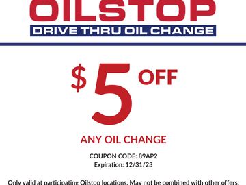 Oilstop $18 coupon. Looking for a fast oil change? Help maintain your car's best performance by stopping in at a local Take 5 for a 10-minute oil change today! 