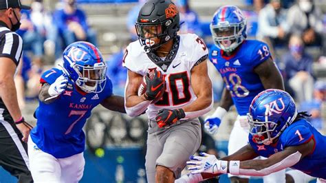 Oct 8, 2023 · Big 12 foes meet when the No. 24 Kansas Jayhawks (5-1) and the Oklahoma State Cowboys (3-2) square off on Saturday, October 14, 2023 at Boone Pickens Stadium. The Jayhawks squared off against the UCF Knights in their most recent outing, winning 51-22. Their last time out, the Cowboys won 29-21 over the Kansas State Wildcats. . 