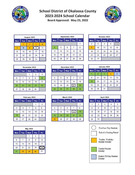 May 18, 2023 · OKALOOSA COUNTY, Fla. —The 2023-24 school year for the Okaloosa County School District (OCSD) will begin for students on Thursday, August 10, 2023, and end May 24, 2024, according to the OCSD calendar for 2023-24. According to the calendar, the Winter Break Holiday is December 22, 2023 – January 3, 2024. The Spring Break Holiday is March 15 ... . 