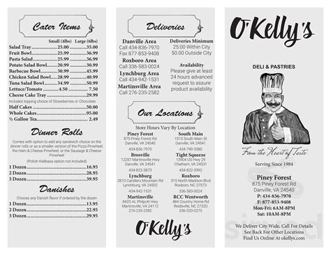 Okellys - Jun 8, 2023 · Nancy Burch 4 months ago on Google. Service: Take out Meal type: Other Price per person: $10–20. All opinions. Order via www.grubhub.com. +1 434-836-7970. Delis, Dessert. Closed todayOpens at 8AM tomorrow. 