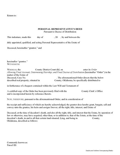 Oklahoma Personal Representative Deed of Distribution