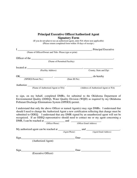 Oklahoma Principal Executive Officer/Authorized Agent Signatory Form