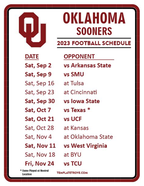 Oklahoma state football schedule 2025. 2010 Oklahoma Football Schedule. 2009 Oklahoma Football Schedule. 2008 Oklahoma Football Schedule. By purchasing tickets using the affiliate links below, you'll help support FBSchedules. We may ... 