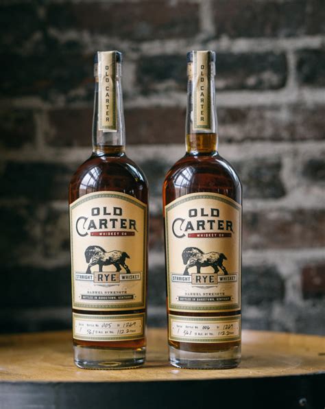 Old carter. Double-oaked straight bourbon whiskey sourced and bottled by Old Carter Whiskey Company in Louisville, Kentucky. Distilled in Indiana from a mash bill of 99% corn and 1% malted barley. Blend of 12 barrels. Non-age statement; double oaked in new toasted oak barrels of varying char levels. Limited release of 3046 bottles. 