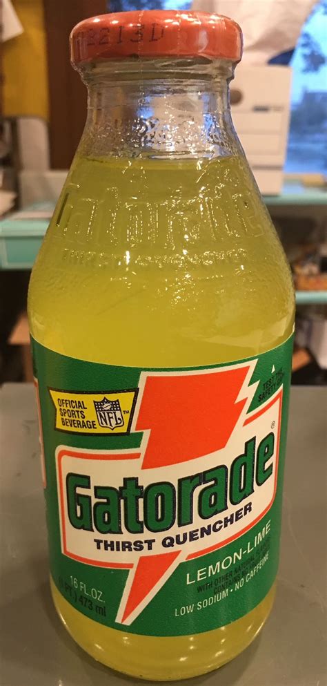 Old gatorade bottle. It was originally sold in large glass bottles and a powder to mix with water in a cooler. What caught people’s eyes was the drink’s logo. For more than 30 years, Gatorade used variations of green lettering and an orange lightning bolt going through it. In 2010, the logo was rebranded with just a large G and a lightning bolt next to the letter. 