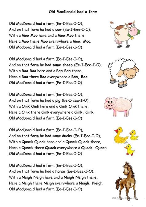 Old macdonald had a farm lyrics. Old MacDonald had a farm, E-I-E-I-O And on that farm he had a cow, E-I-E-I-O With a moo moo here and a moo moo there Here a moo, there a moo, everywhere a moo moo Old MacDonald had a farm, E-I-E-I ... 