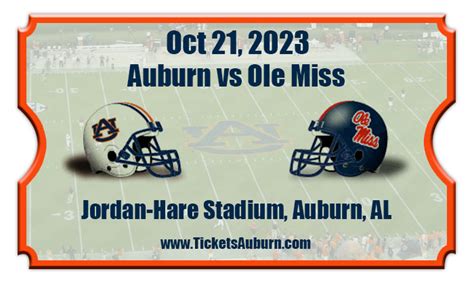 Ole miss vs auburn tickets. Sep 2, 2023 · Get great tickets for the Auburn Tigers vs Ole Miss Rebels football game. The Tigers will play on 10/21/23 at Jordan-Hare Stadium, Auburn, AL. 