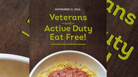 O’Charley’s — Veterans can get a free meal (a $10 value) on Nov. 11 with a military ID. O’Charley’s offers a special “Veterans Thank You Menu.” ... Olive Garden — Active-duty .... 