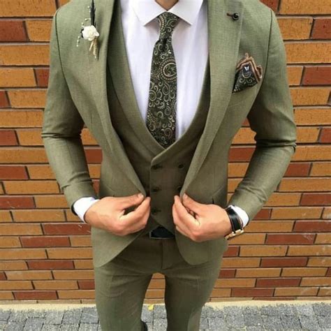 Olive green suit. 