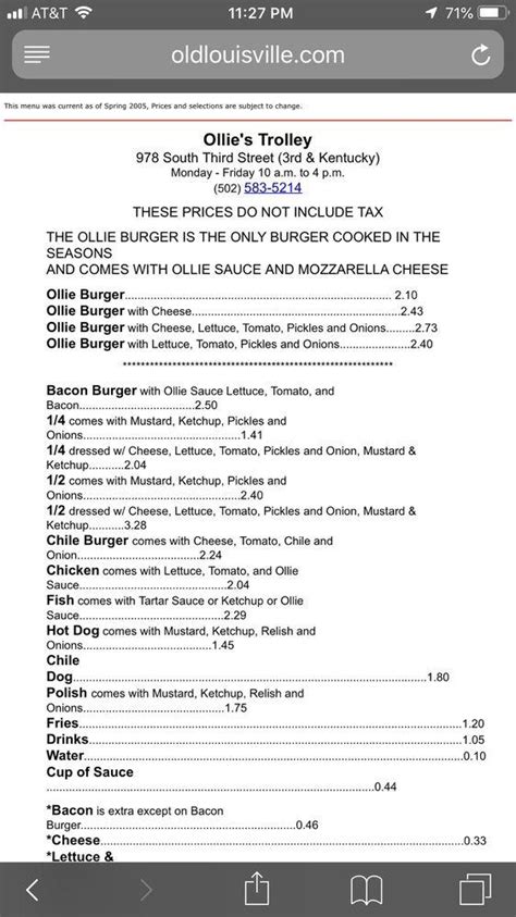 Full Ollie's Trolley restaurant menu for location 978 S 3rd St Louisville, KY 40203.. 
