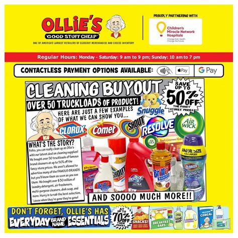 Browse the latest Ollie's Weekly Ad, valid May 9 - May 15, 2024. Save with the Ollie's Weekly Flyer, and get the limited time savings on specialty coffees, small appliances, furniture, cookware sets, mattresses, and clothing. Become a member of Ollie's Army and join every other bargain hunter out there in the search of great deals for .... 