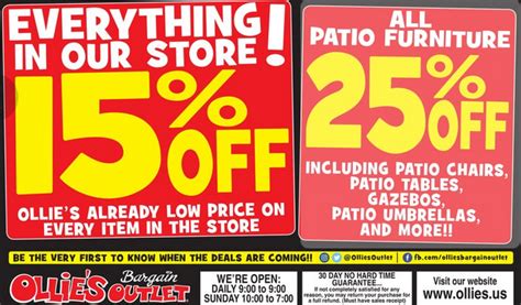 Ollies 15 off. Ollie's Bargain Outlet offers brand name merchandise at up to 70% off the fancy store prices. Browse our newest flyer for our latest deals. 