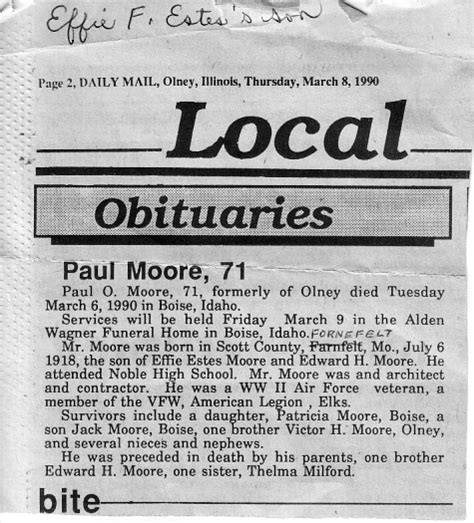 Olney Daily Mail Obituary: An automobile-motorcycle collision southeast of Olney Sunday afternoon caused the death of one person, and two others are hospitalized with injuries sustained in the accident. William P. (Bill) Ritter, 20 , of Olney, Rt. 4, died enroute to St. John's Hospital in Springfield, where he was... . 