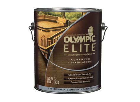 Olympic elite semi transparent stain. Olympic ELITE: A premium wood stain and sealer. This water based, semi-transparent wood stain adds color while still allowing the wood grain and texture to show. ... We used a sprayer to apply the semi-transparent Walnut Olympic Elite to spruce, pine, fir pressure treated panels. We used roughly two cans per side, one coat, and spread evenly ... 