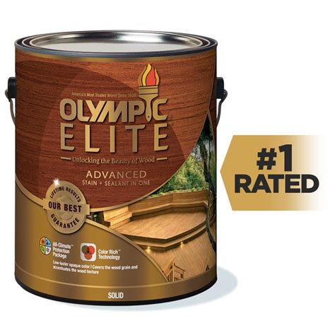 Olympic elite stain. Olympic ELITE: A premium wood stain and sealer. This semi-transparent wood stain adds color while still allowing the wood grain and texture to show. This super-premium exterior wood stain is formulated to protect and enhance the natural look of wood while providing protection and beauty through all seasons and provides a powerful mold, mildew ... 