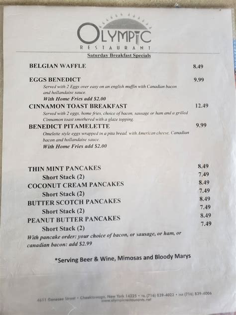 Olympic restaurant cheektowaga menu. Specialties: The Bechakas Family invites every person in Western New York to come enjoy the best and most well rounded menu in the area. Experience the finest in casual dining around the clock in a clean and friendly atmosphere. We offer daily breakfast, lunch and dinner specials. There is a huge selection of homemade desserts. We also specialize in Greek Pizzas. For those who are traveling ... 
