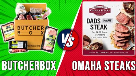 Omaha steaks vs butcherbox. Sep 6, 2021 · Omaha Steaks sells 11 cuts of steak, specialty steak , ham, heritage breed pork, lamb, bison, ribs, bacon, and seafood . Non-meat offerings include full meals, appetizers, soups, vegetables, potatoes, wine, gifts, and desserts. ButcherBox sells meat and Wild Alaskan salmon, with a focus on more limited cuts of steak, chicken, and pork . 