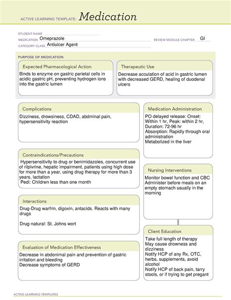 Omeprazole medication template. Avoid alcohol, acetylsalicylic acid, NSAIDs, smoking, caffeine, and foods that cause gastric distress. Take drugs for duration ordered by HCP. Report abdominal pain; diarrhea; or black, tarry stools to HCP immediately. On Studocu you find all the lecture notes, summaries and study guides you need to pass your exams with better grades. 