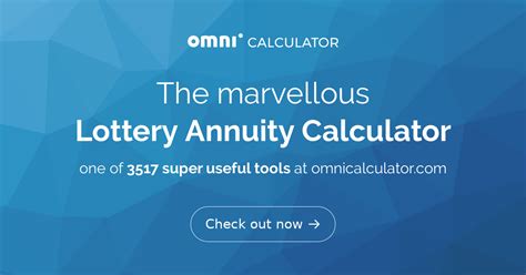 Omni lottery annuity calculator. The annuity payout calculator below shows a breakdown of the gross annuity value for the current jackpot, and the applicable federal and state tax for each year. Year. Gross Annuity Value. Federal Tax ( 24 %) State Tax ( 4 %) Net Total. 1. $6,667,785.74. … 