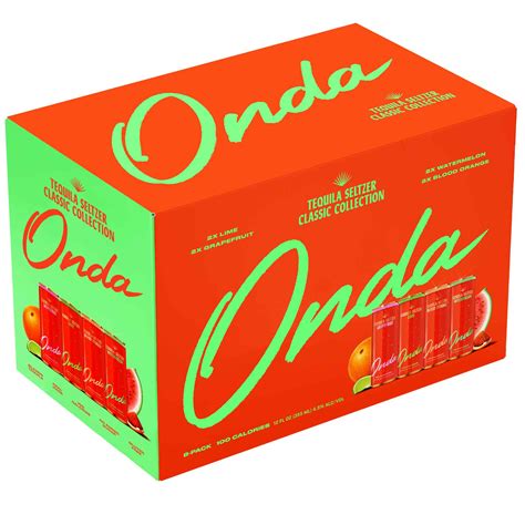 Onda seltzer. US - Onda Sparkling Tequila Classic Collection Variety includes Grapefruit, Lime, Blood Orange, and Watermelon. Made with Blanco Tequila from a woman owned distillery, carbonated water, and real juice that will bring you that true taste of Summer! 