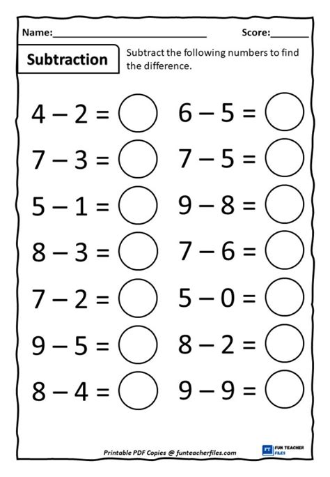 One Digit Subtraction Worksheets Set 1 Fun Teacher Files