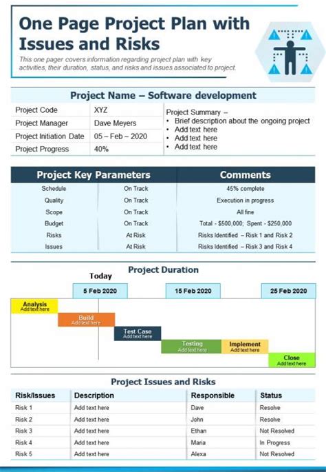 One Page Project Plan With Issues And Risks Presentation Report