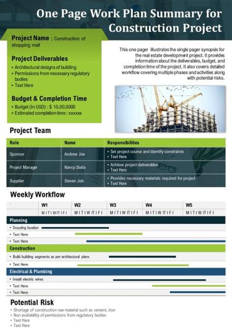 One Page Work Plan Summary For Construction Project Presentation Report