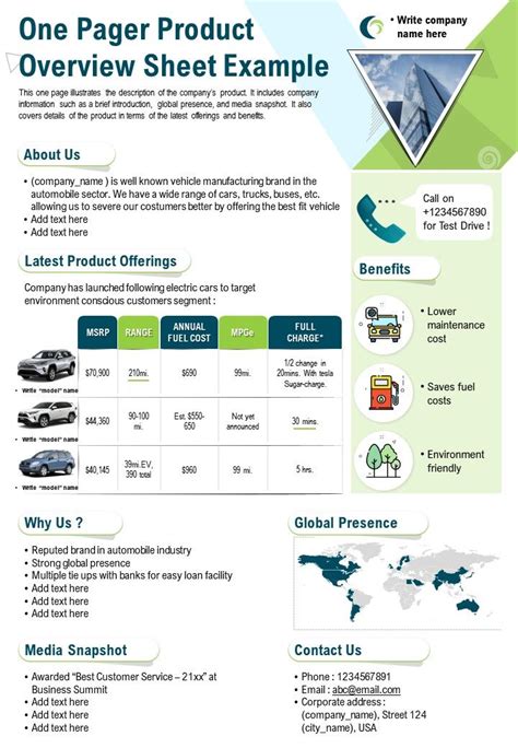 One Pager Product Overview Sheet Example Presentation Report