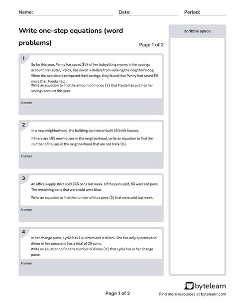One Step Equation Word Problems Worksheets