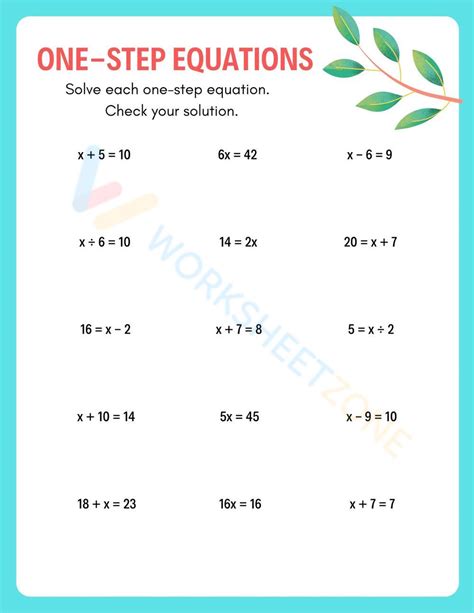 One Step Variable Equations Worksheet
