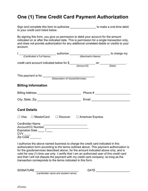 One Time Credit Card Payment Authorization Form in Word and Pdf formats