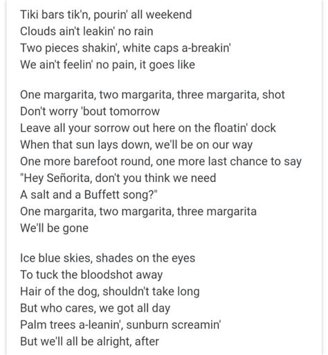 One margarita lyrics. May 31, 2023 · One Margarita (Margarita Song) Lyrics: Give me a 'rita (I'ma open my legs) / Give me some of that tequila (I'ma give you some head) / It's about to get freaky tonight baby (I'ma put it in... 