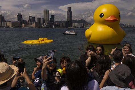 One of the 2 giant ducks in Hong Kong’s Victoria Harbor deflates